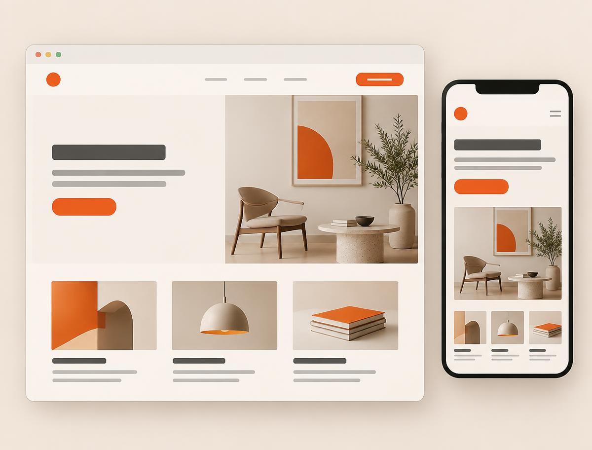 Concept website layouts shown on a desktop browser and a phone
